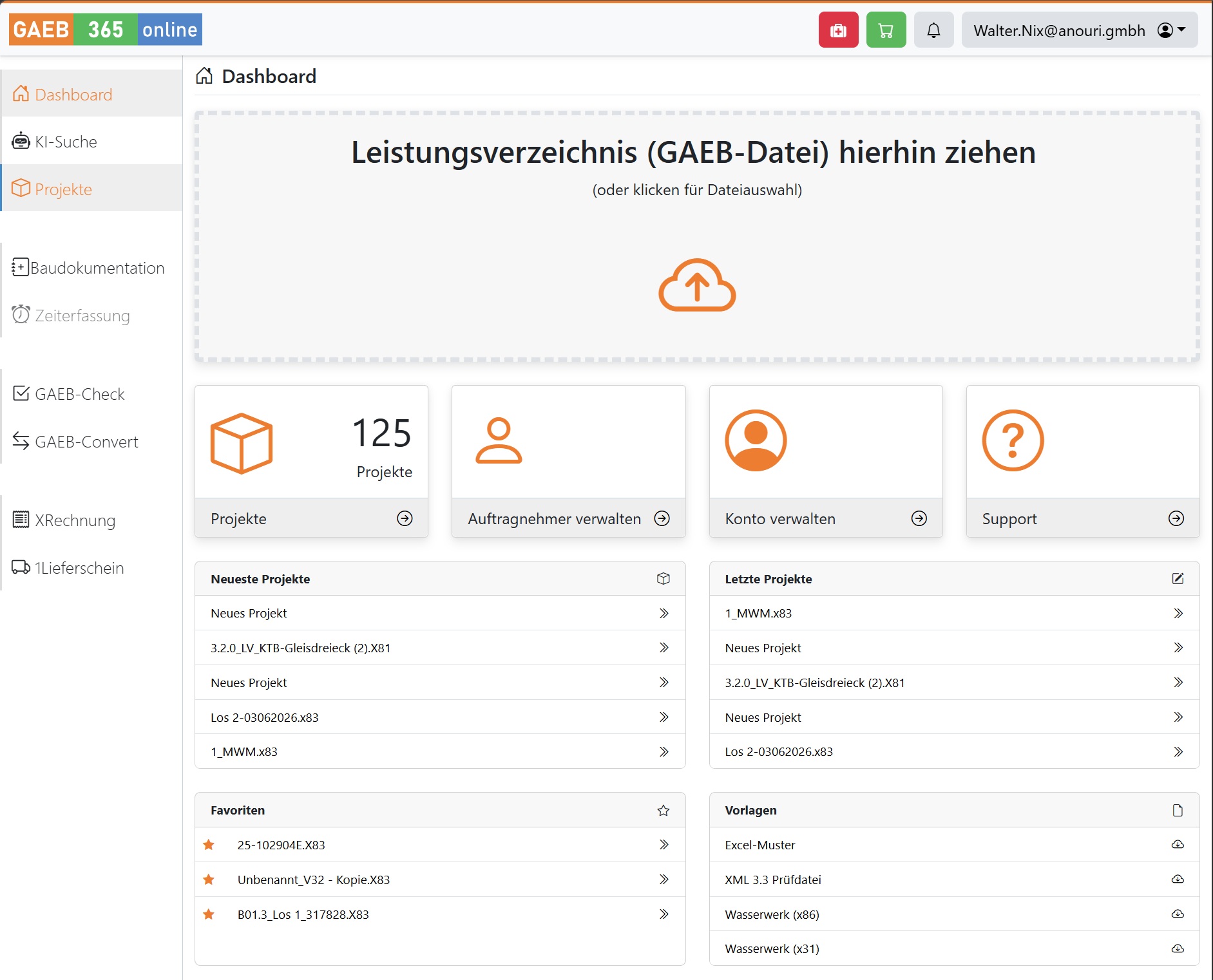 GAEB365.online Oberfläche
