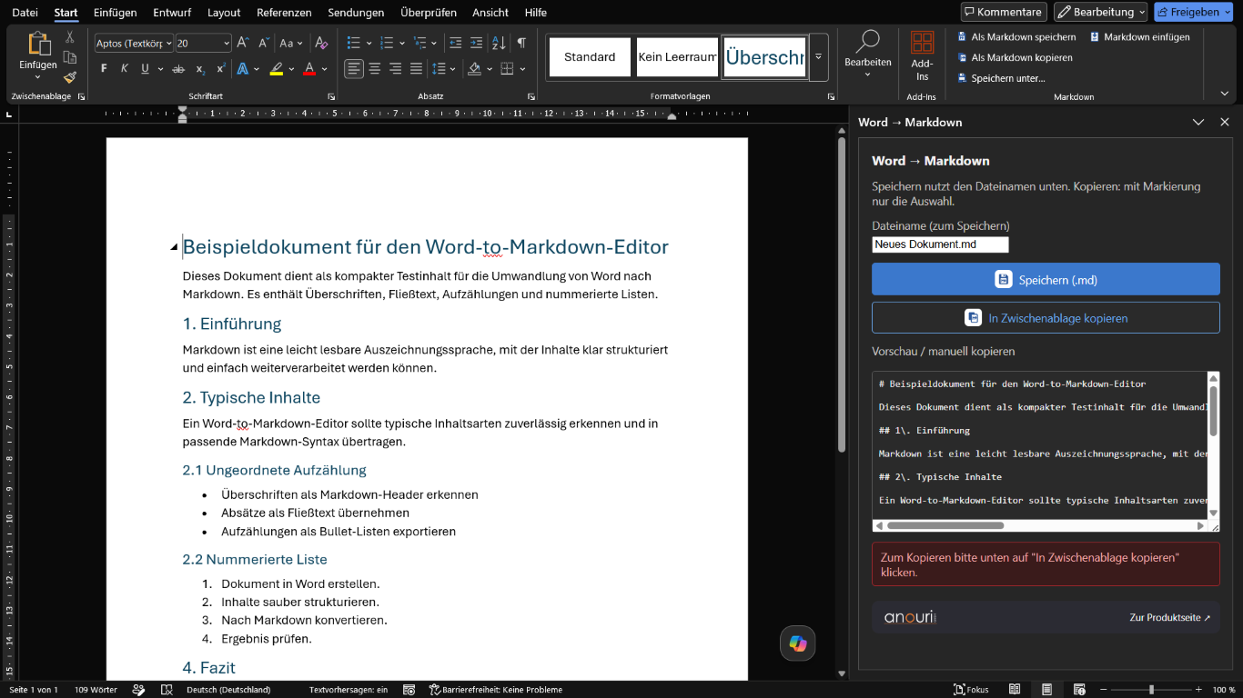 Aus Word erzeugtes Markdown im Editor